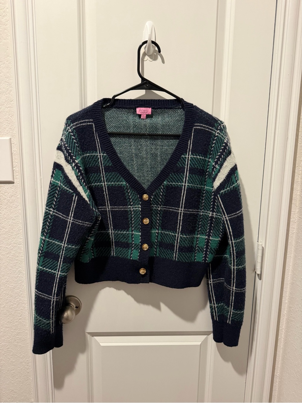 Mi Ami. Large Plaid V-Neck Cardigan Sweater - Navy & Green
